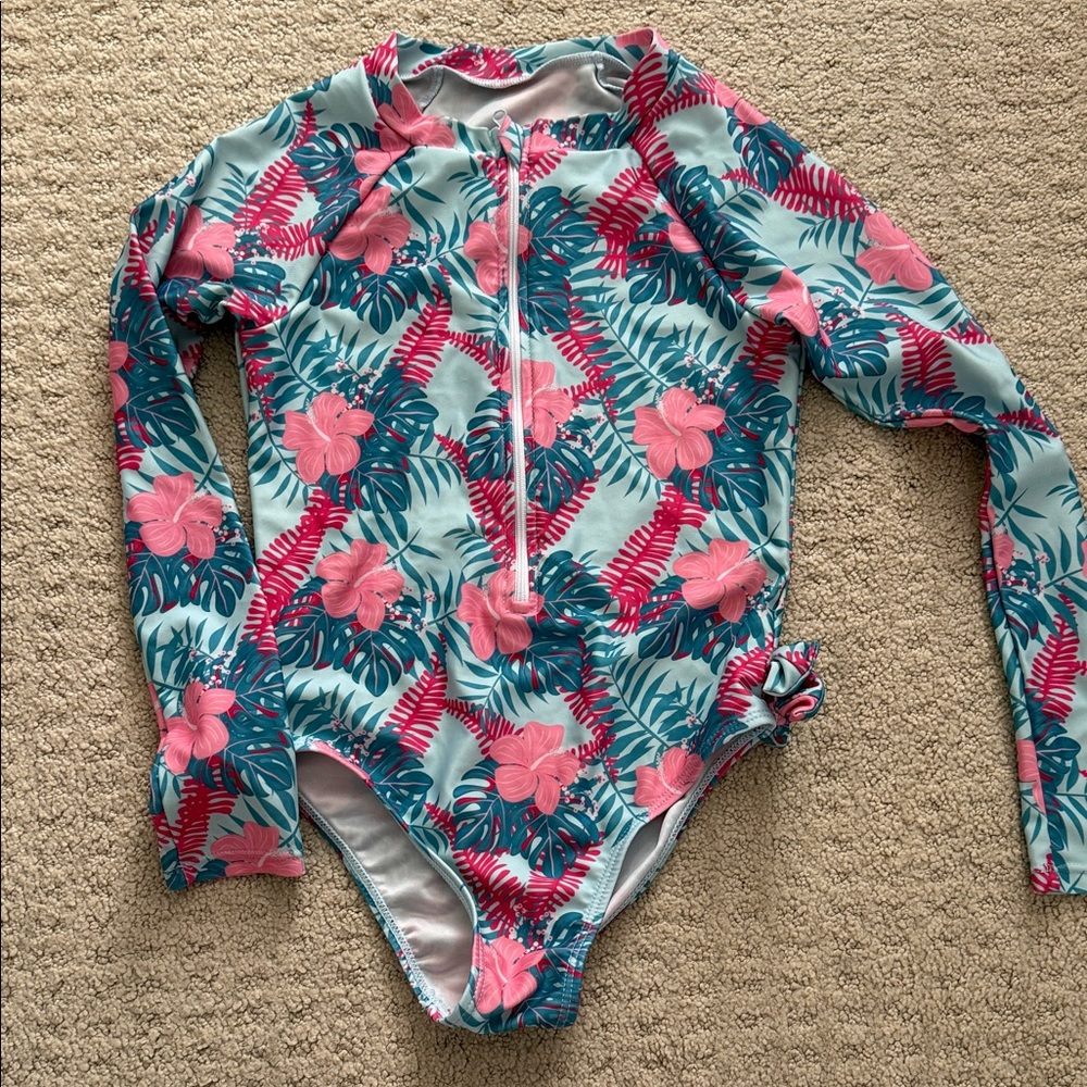 Girls Floral Long-Sleeve Rash Guard Swimsuit Sz 7/8